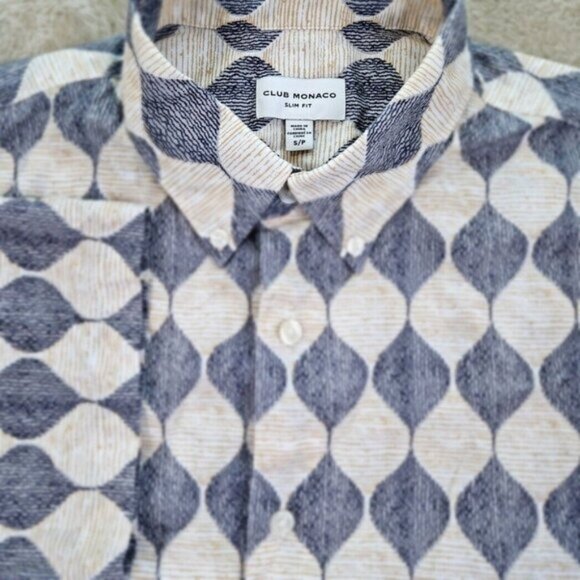 Club Monaco Shirt Geometric Pattern Casual Short Sleeve Button-Up Cotton Size S - Picture 1 of 10